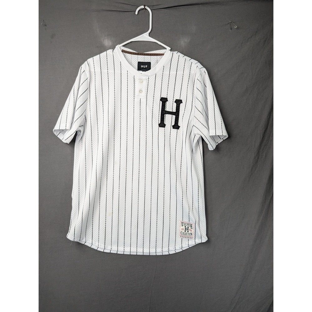 HUF Mens Pinstripe Baseball Jersey Mesh Henley Shirt White Black Medium